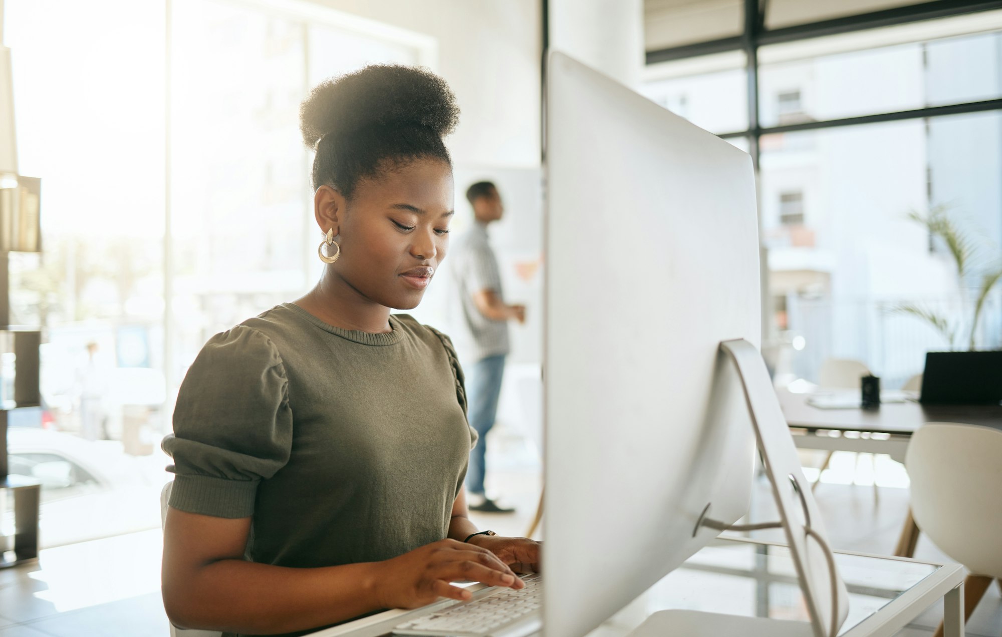 Business, black woman and typing on computer, internet research and email, web design and marketing